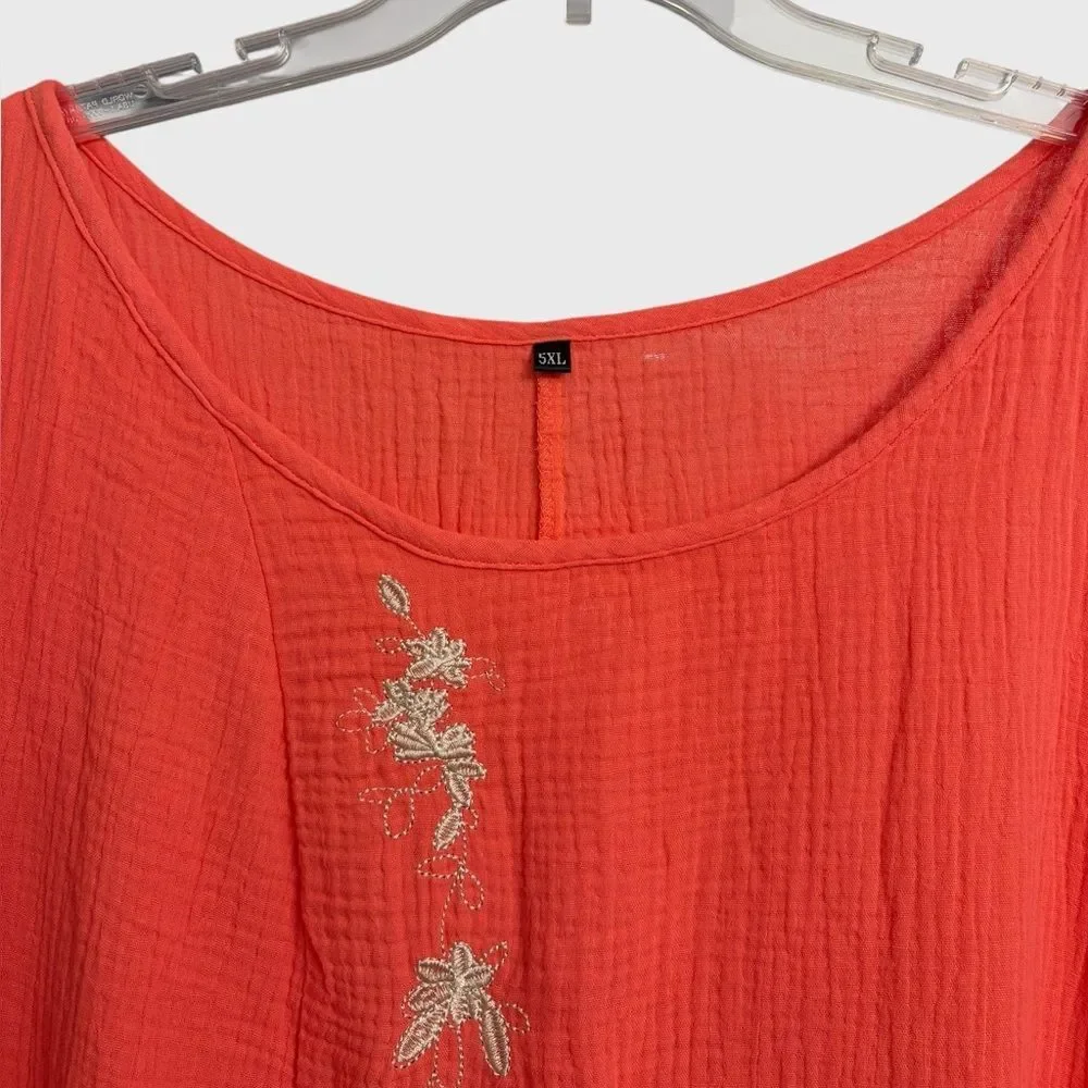 Women's Floral Embroidered Orange Gauze Midi Dress 5XL Crinkle Textured Summer